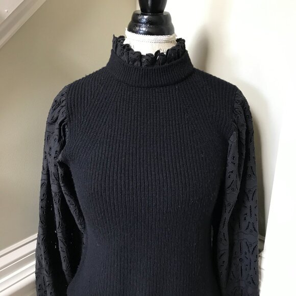 Sea NY Iris Eyelet Sweater Womens Medium Black Long Sleeve Wool Cotton Mock Neck - Picture 5 of 13